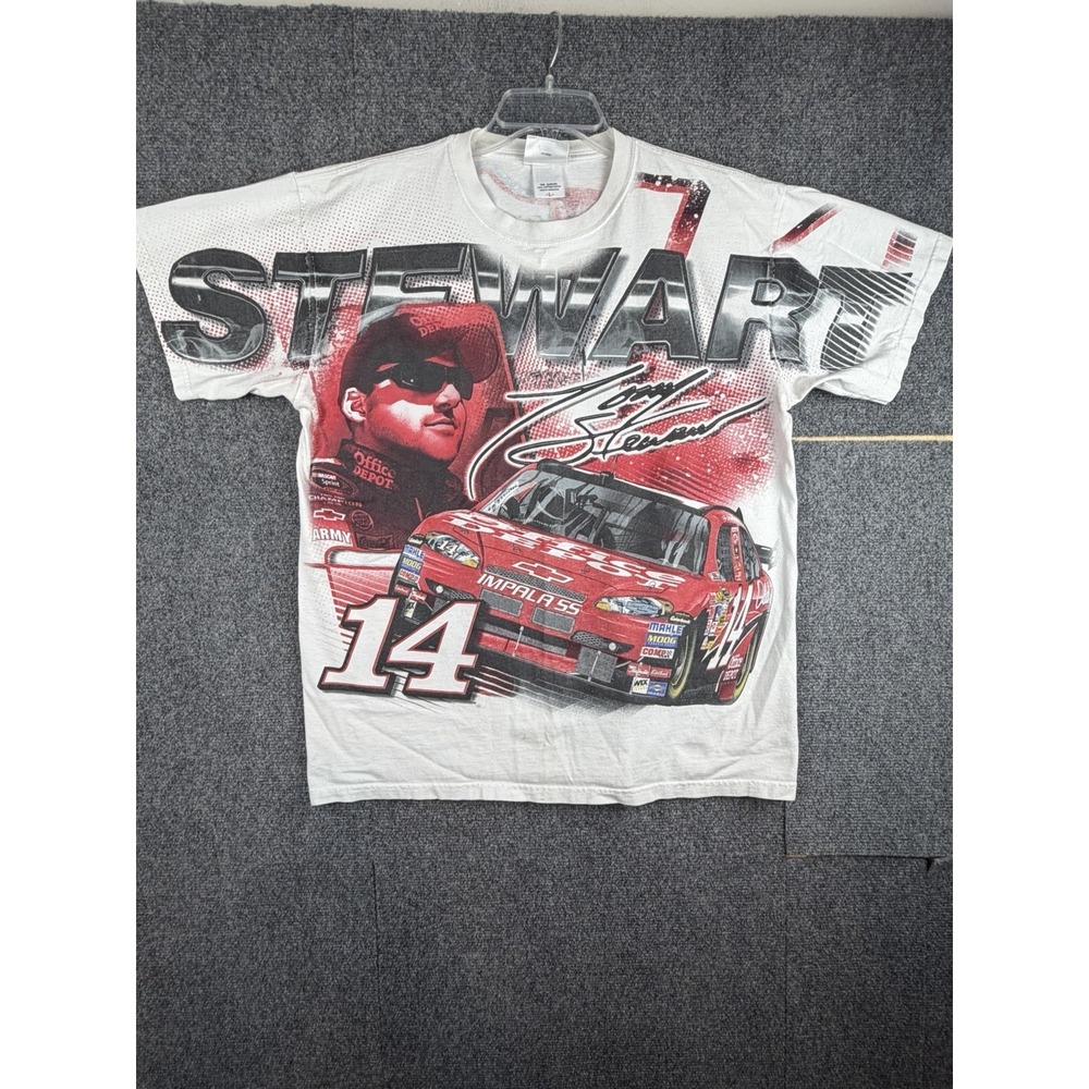 Tony Stewart #14 Shirt Mens L AOP NASCAR Racing T-shirt White Red Blue Chase